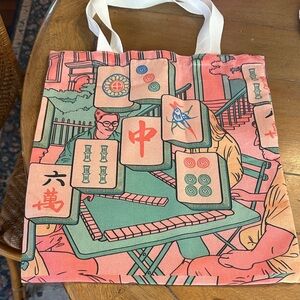 Mahjong Tile Graphic Fabric Tote Bag in Coral and Teal, new